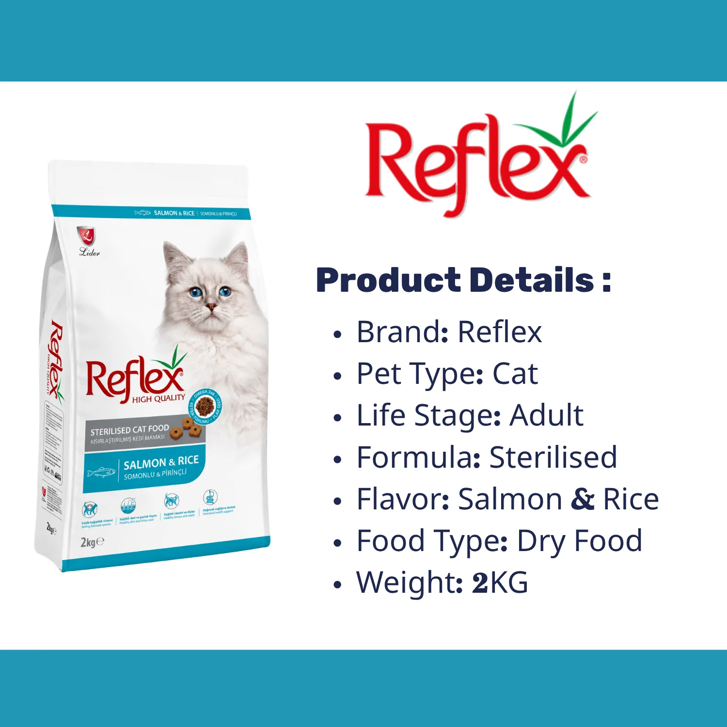 Reflex Sterilised Cat Dry Food with Salmon & Rice 2KG - Image 2